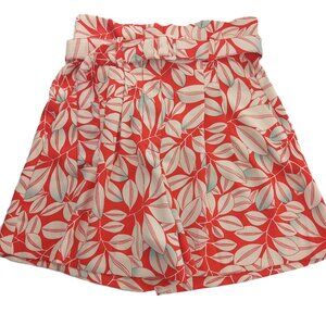 Mango Women's High Waisted Belted Shorts Size 4 Beige Red Leaf Print Pleated
